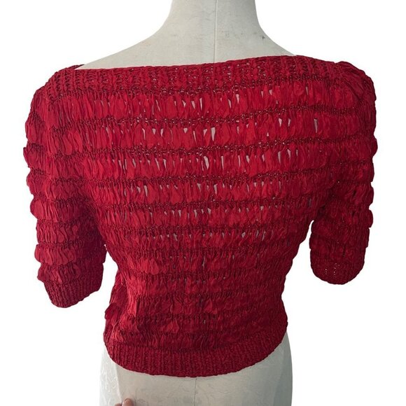 Vintage Womens Top Size Small Red Woven Ribbon Knit Stretch Boat Neck - Picture 6 of 8